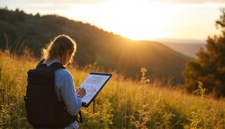 Artist sketching outdoors — landscape drawing with light and shadow